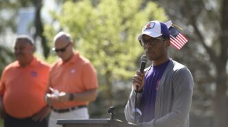 Ty Robinson of the Student Veterans Association addresses the crowd prior to the 2019 Walk for Veterans