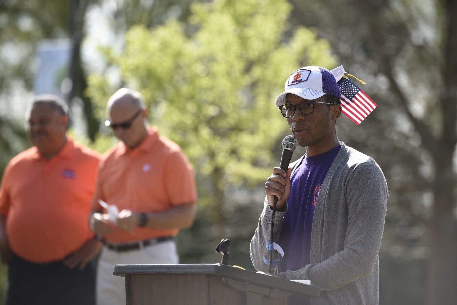 Ty Robinson of the Student Veterans Association addresses the crowd prior to the 2019 Walk for Veterans