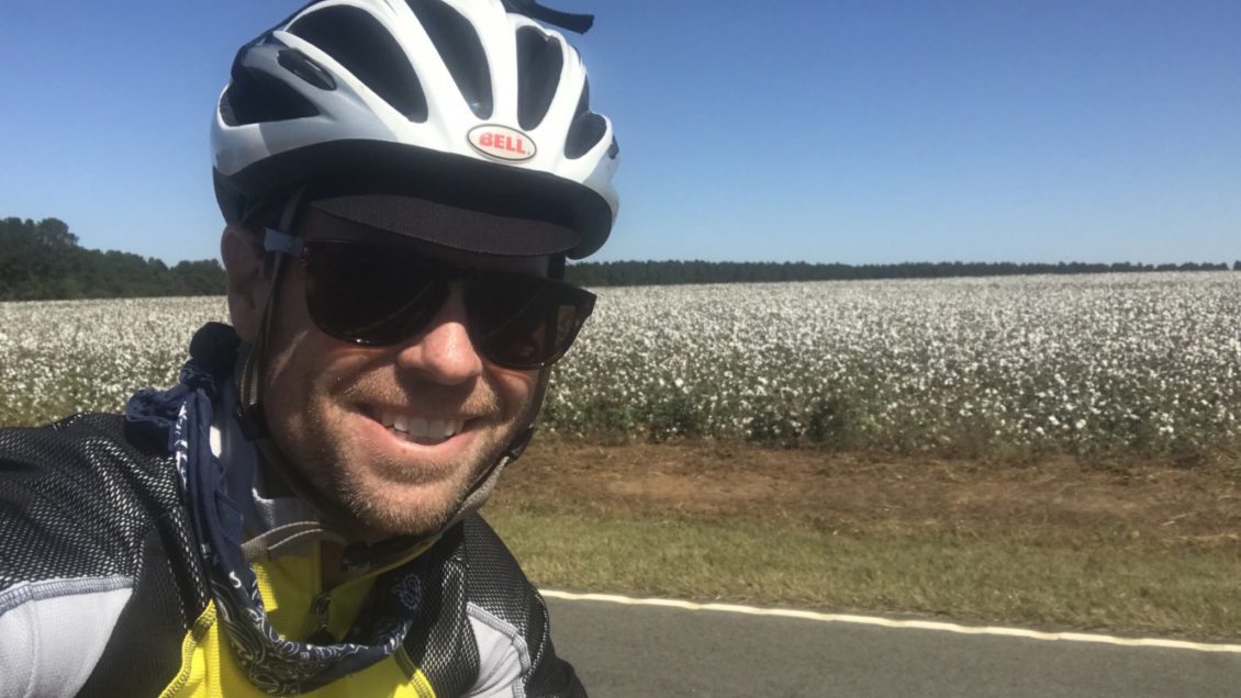 Cotton serves as one of South Carolina's main crops and Hanks rides past this cotton field on the Charleston Augusta Highway near Bamberg.
