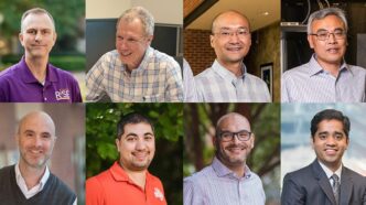 This year's faculty award winners are (from left, clockwise): Chris Norfolk, Brian Malloy, Fei Peng, Srikanth Pilla, Rodrigo Martinez-Duarte, Mark Blenner and John Saylor.
