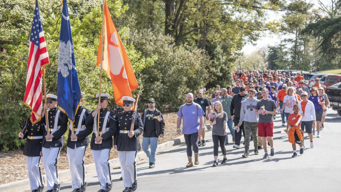 Members of Clemson Undergraduate Student Government work with the Student Veterans of America to bring more than 350 people together in the fifth annual Walk for Veterans in April 2019