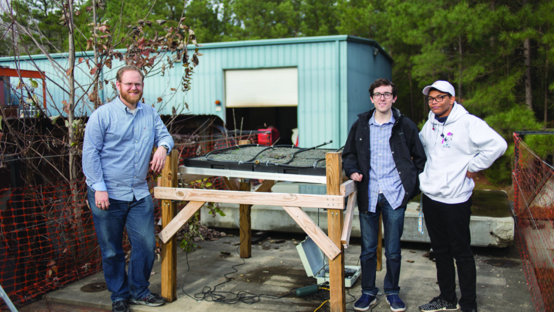 William Martin (left) and students Donovan Rice (center) and Patrick Fuller (right) work on a table-top green roof model.