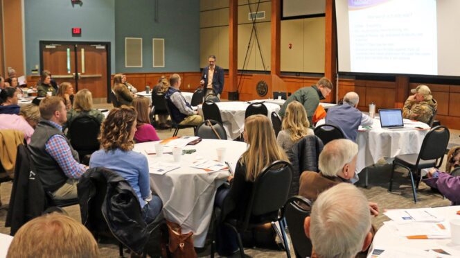 Clemson Professor Adam Kantrovich addresses the audience at the S.C. Ag Outlook Conference.