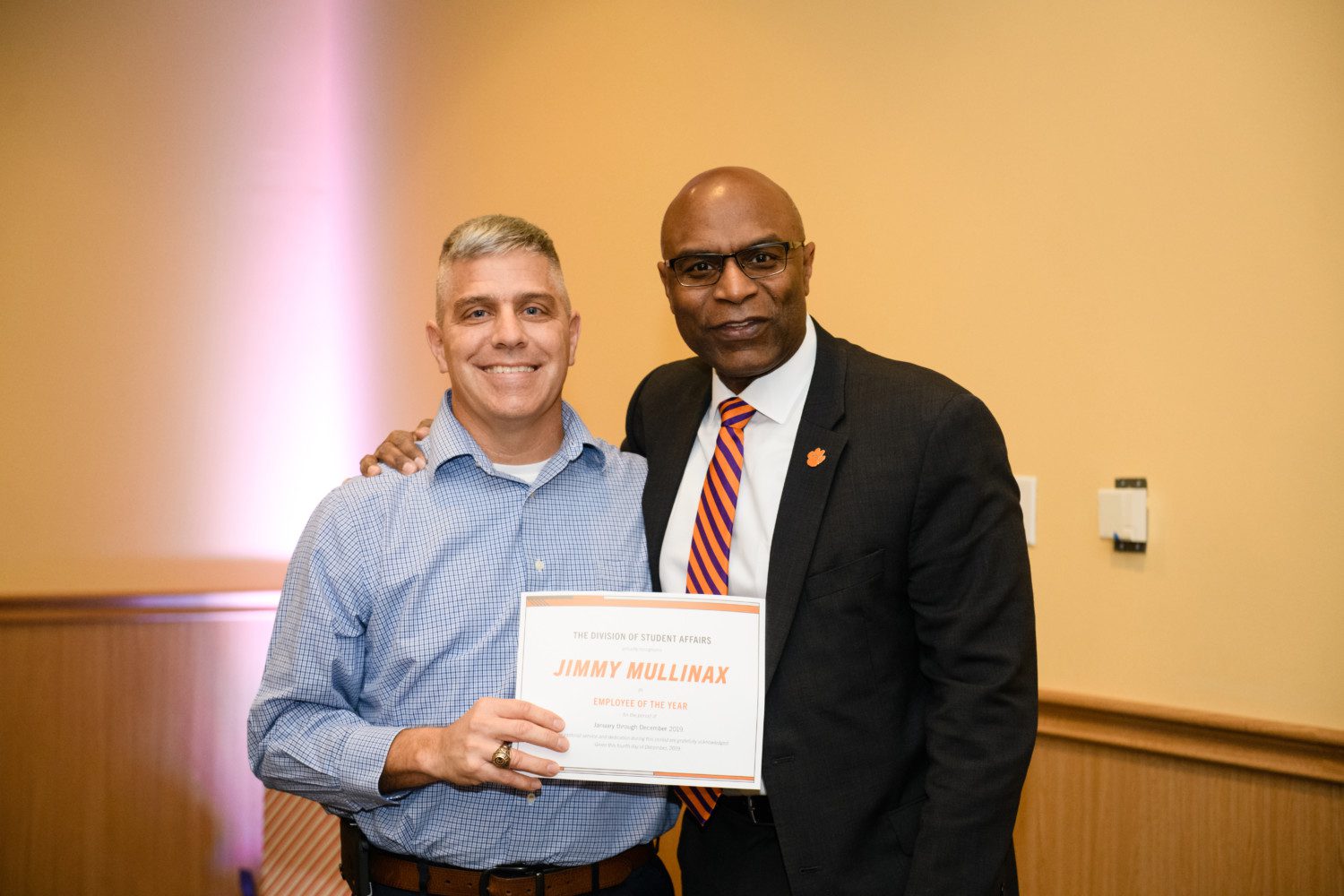 Jimmy Mullinax, 2019 Student Affairs Employee of the Year, pictured with Interim Vice President for Student Affairs Chris Miller