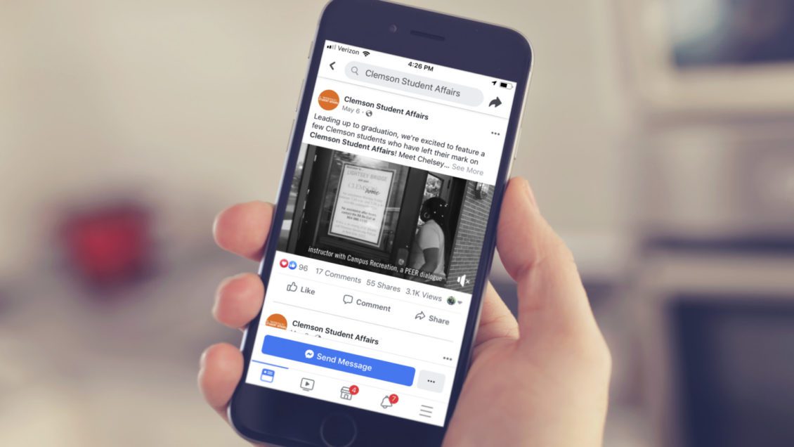 An image of a mobile device on the Student Affairs Facebook page, sharing a video reflection on May 2019 graduation