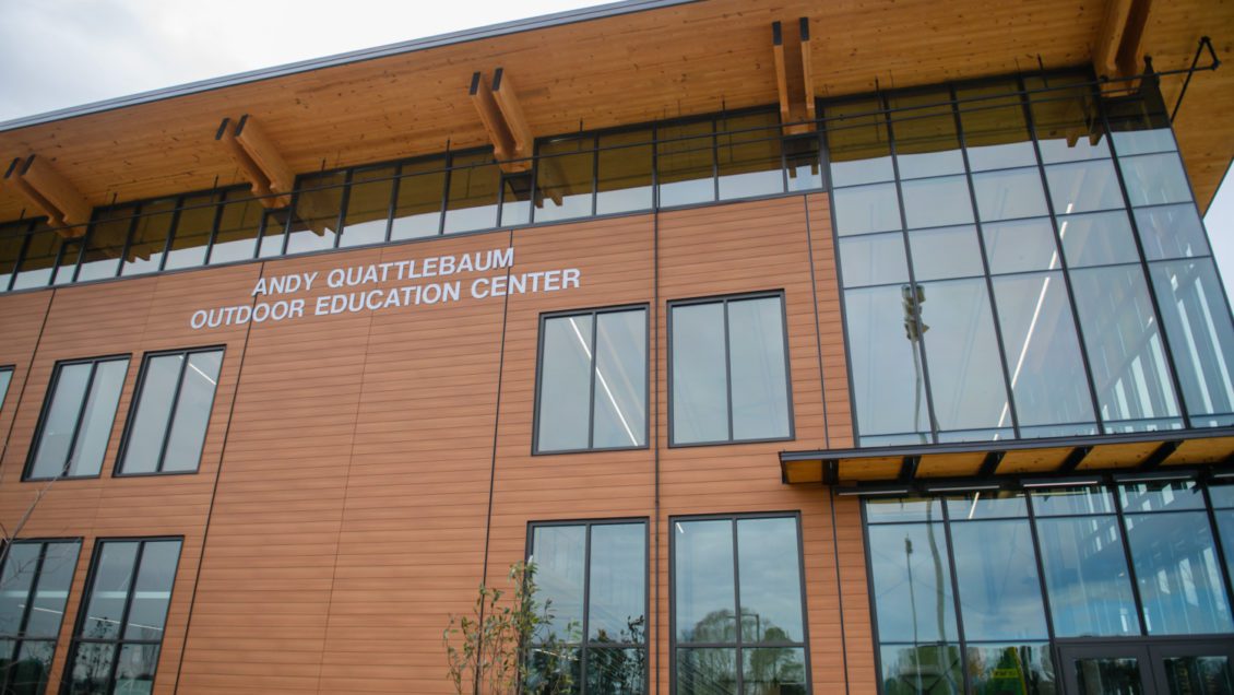 Close-up image of the Andy Quattlebaum Outdoor Education Center with new name on the facility.