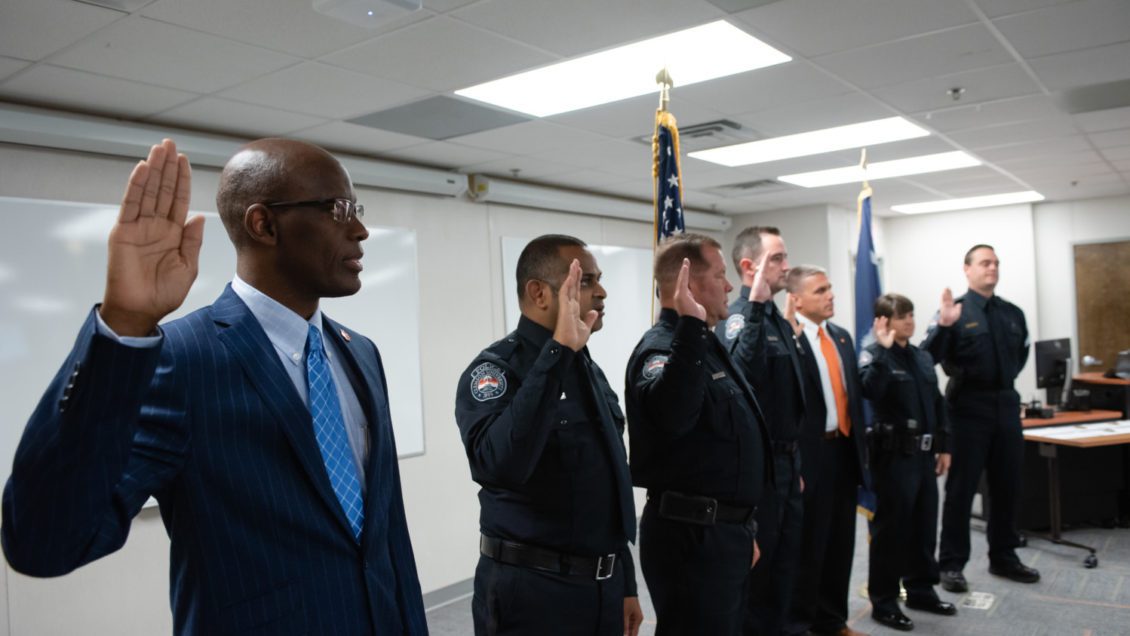 Officers are sworn in to Clemson University Police Department during a summer 2019 ceremony