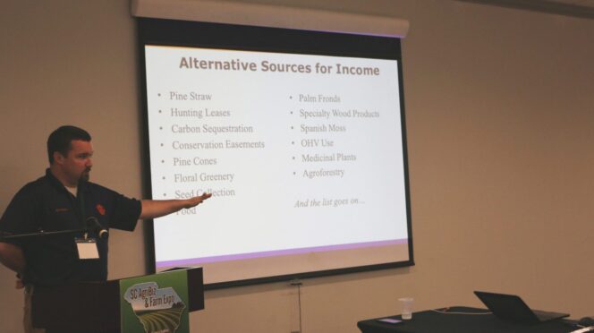 Ryan Bean, Clemson Extension area forestry and natural resources agent, talks about alternative income sources for forest landowners in South Carolina during the 2020 S.C. AgriBiz and Farm Expo.
