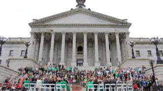 4-H members and agents gather on the Statehouse steps.