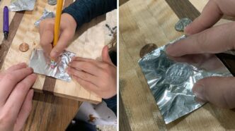 Before and after pictures from a coin rubbing activity.