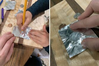 Before and after pictures from a coin rubbing activity.