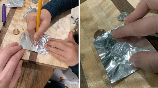 Before and after pictures from a coin rubbing activity.
