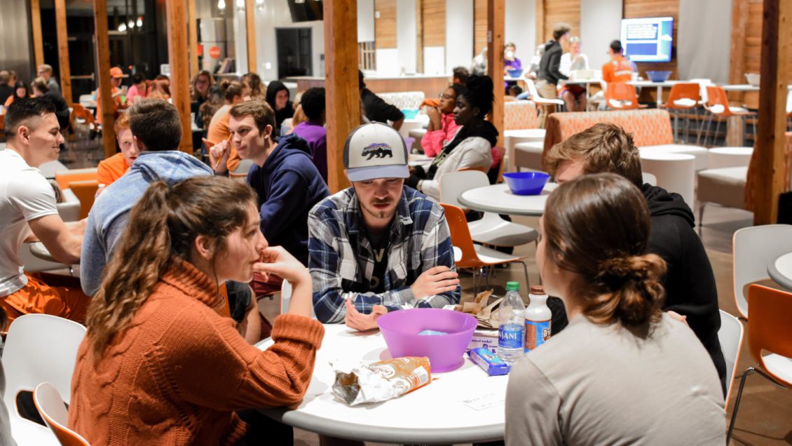 Students take part in a U-NITES! trivia night event in the Barnes Center during the spring semester. On-campus social programming is a major focus of the Center for Student Leadership and Engagement.
