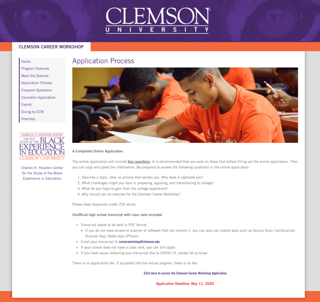 A screen shot of the Clemson Career Workshop main page