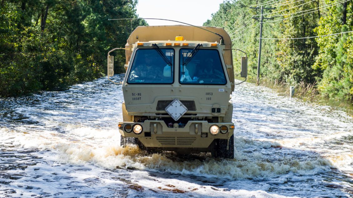 S.C. Army National Guard truck drives through flood conditions.