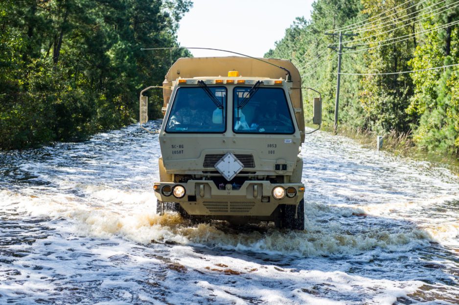 S.C. Army National Guard truck drives through flood conditions.