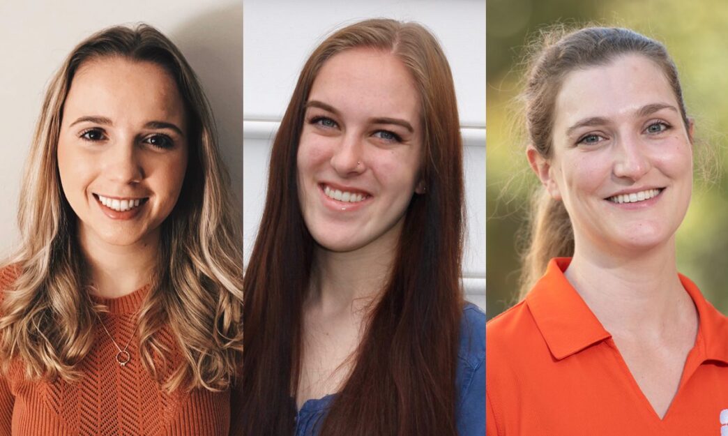 From left, Clemson University freshmen Carleigh Coffin and Ashlyn Soule are working with Delphine Dean to create a device that could help combat COVID-19 at the grocery store. Dean is the the Ron and Jane Family Innovation Professor.