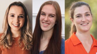 From left, Clemson University freshmen Carleigh Coffin and Ashlyn Soule are working with Delphine Dean to create a device that could help combat COVID-19 at the grocery store. Dean is the the Ron and Jane Family Innovation Professor.
