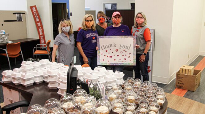 A group of Clemson moms delivered an assortment of sweet treats Monday, June 1 to housing staff in Mell Hall. Pictured, left to right, are Michelle Peterson, Amy Twitty, Kim Merritt, Carmen Burgess and Shelley Mahan.