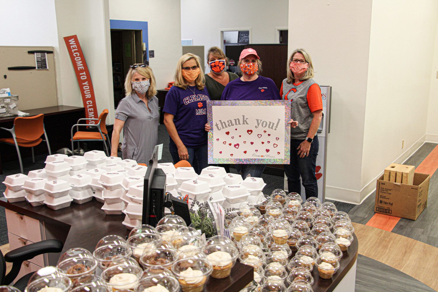 A group of Clemson moms delivered an assortment of sweet treats Monday, June 1 to housing staff in Mell Hall. Pictured, left to right, are Michelle Peterson, Amy Twitty, Kim Merritt, Carmen Burgess and Shelley Mahan.