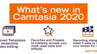 A graphic showing updates to Camtastia 2020, including saved templates, presets and recording dialogue.