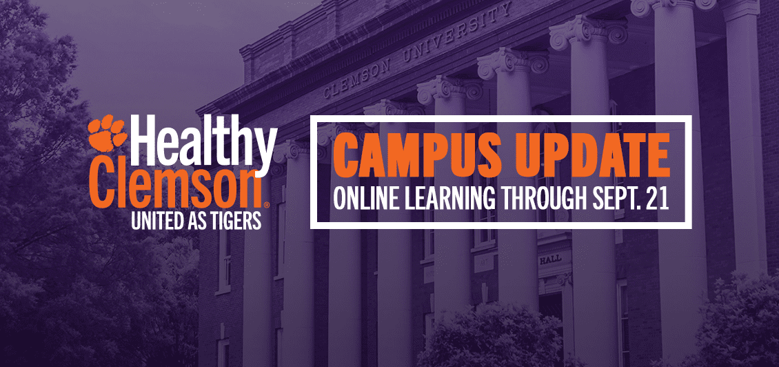 Text on image reads: Campus update. Online learning through September 21.