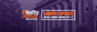 Text on image reads: Campus update. Online learning through September 21.