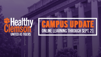 Text on image reads: Campus update. Online learning through September 21.