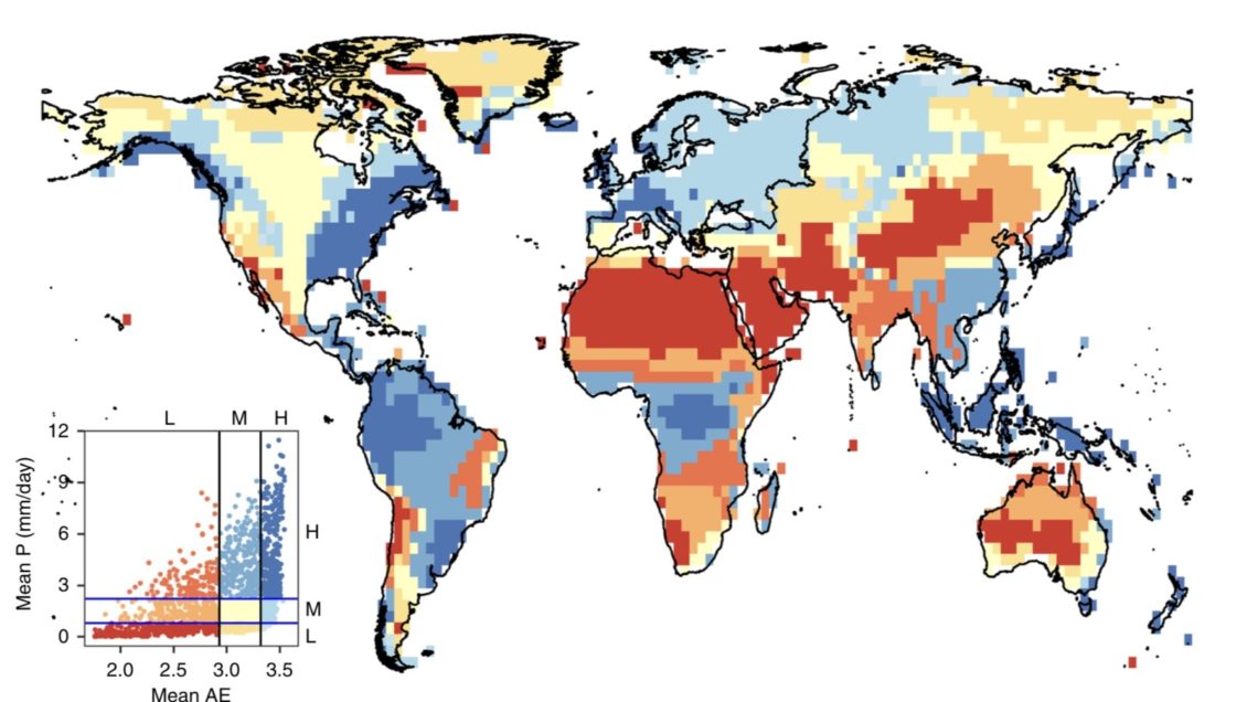 his map shows how various precipitation regions — also called regimes— are distributed throughout the world, according to new research involving Clemson University’s Ashok Mishra. Areas in dark orange are most vulnerable to extremes in wet and dry seasons, a trend expected to become more intense as the climate changes, researchers found. You can learn more here: https://www.nature.com/articles/s41467-020-16757-w