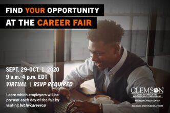 A graphic with details for the Virtual Career Fair from Sept. 29-Oct. 1, 2020.