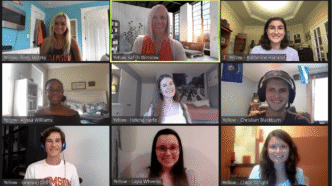 Zoom conference call screenshot of three rows of three photographs, consisting of eight students and professor in their own environments