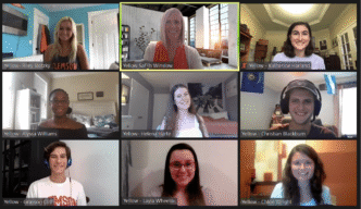 Zoom conference call screenshot of three rows of three photographs, consisting of eight students and professor in their own environments