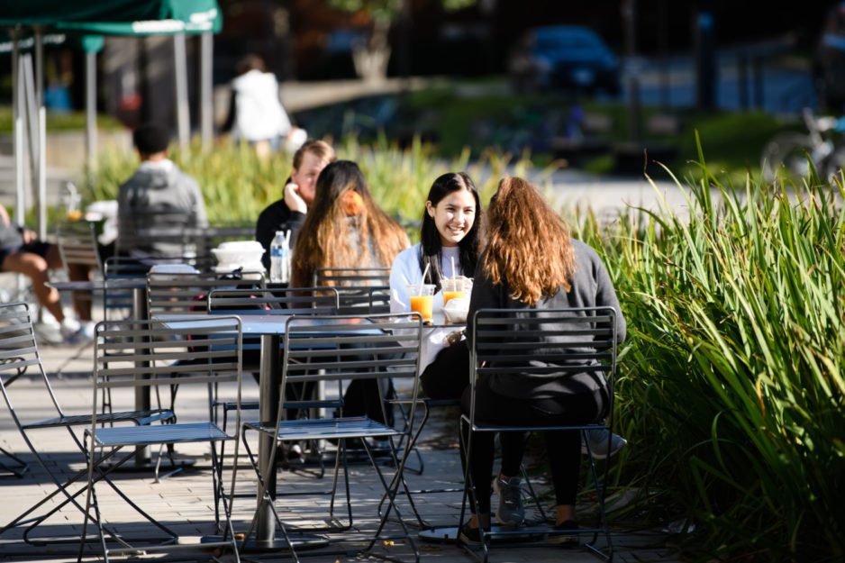 Students meet over a meal outside of McAlister Dining Hall.