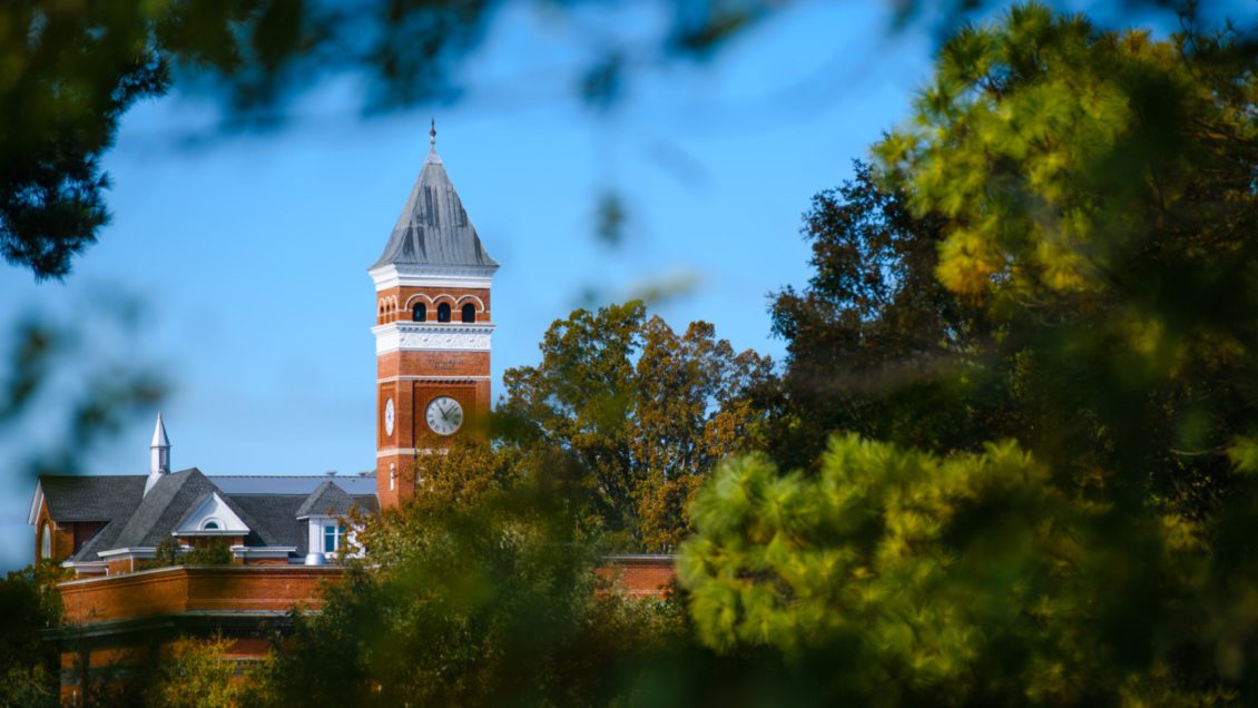 A scenic shot of Tillman Hall through the fall foilage in November 2020