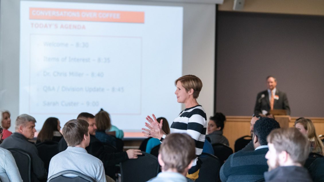 Pam Davis of Campus Activities & Events speaks during a Student Affairs staff meeting in 2019.