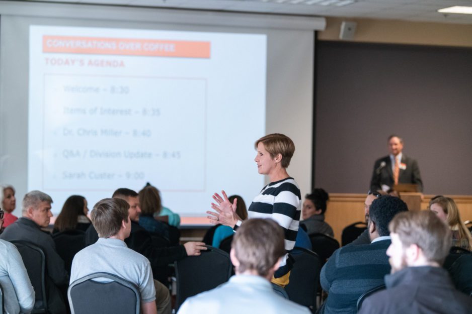Pam Davis of Campus Activities & Events speaks during a Student Affairs staff meeting in 2019.