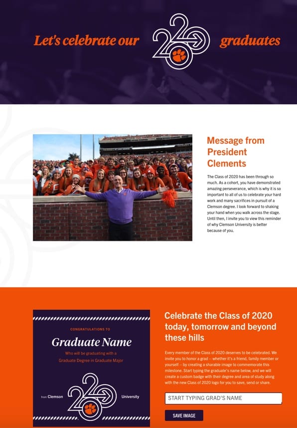 A screenshot of Clemson's website supporting a virtual graduation; prospective graduate standing smiling behind a smiling President Clements with his arms spread wide in embrace.
