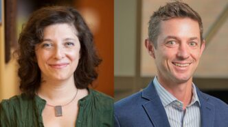 Lauren Martin, left, and Tom Sharkey are collaborating on research aimed at disrupting human-trafficking networks.