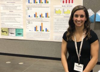 Stephanie LaPlaca standing in front of a display of her tire wear particle research