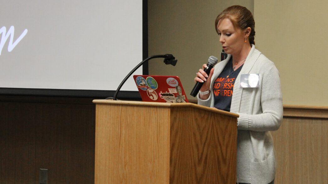 A presenter speaks during the 2020 Women's Leadership Conference