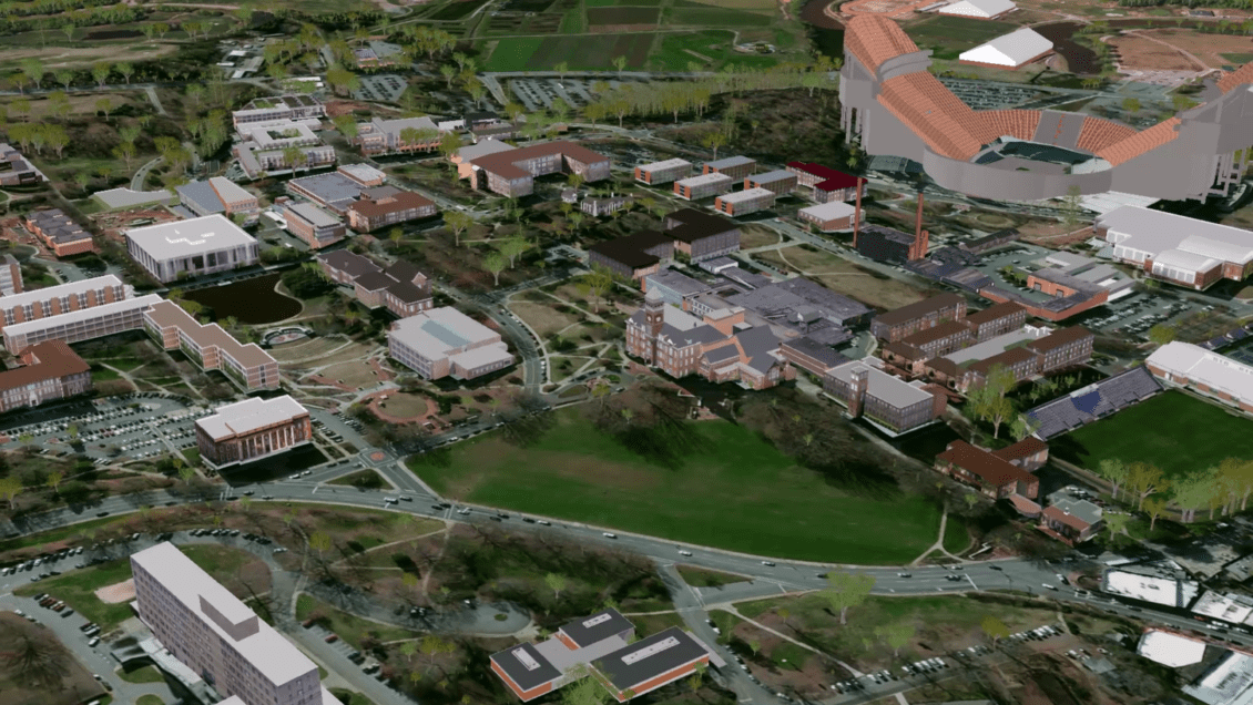 A computer model of Clemson's campus from an aerial view