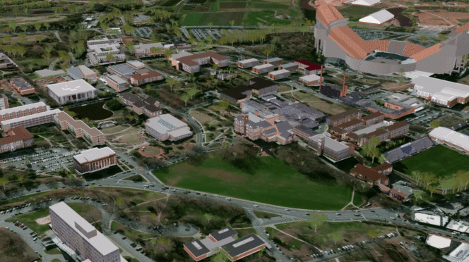 A computer model of Clemson's campus from an aerial view