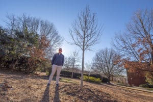 Kenneth Lindsey stands next to a tree donated by his fraternity.