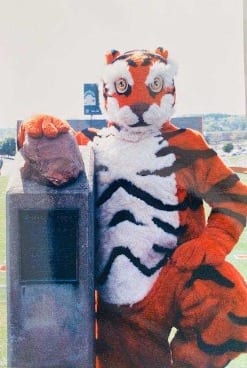 Stuart dressed in the Tiger mascot suit kneeling next to Howard's rock.