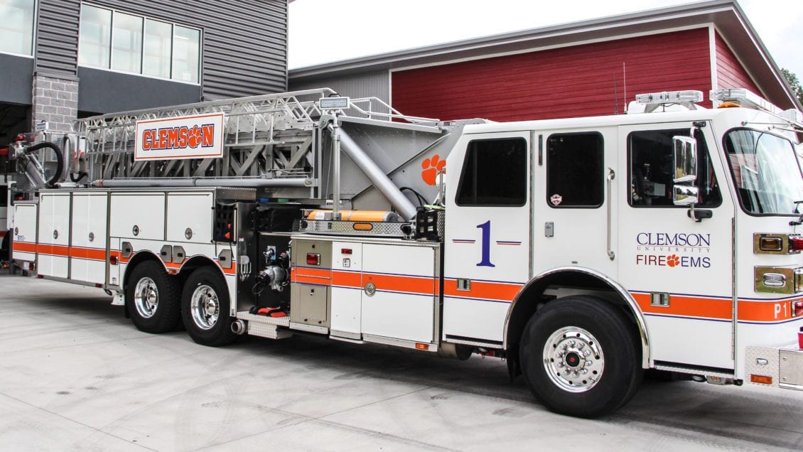 A Clemson University Fire Department platform truck in front of Station No. 2 on Issaqueena Trail
