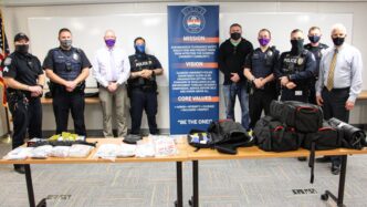 Members of Clemson University Police Department (CUPD) meet with a sales representative from TacMed Solutions to receive a donation of safety enhancements