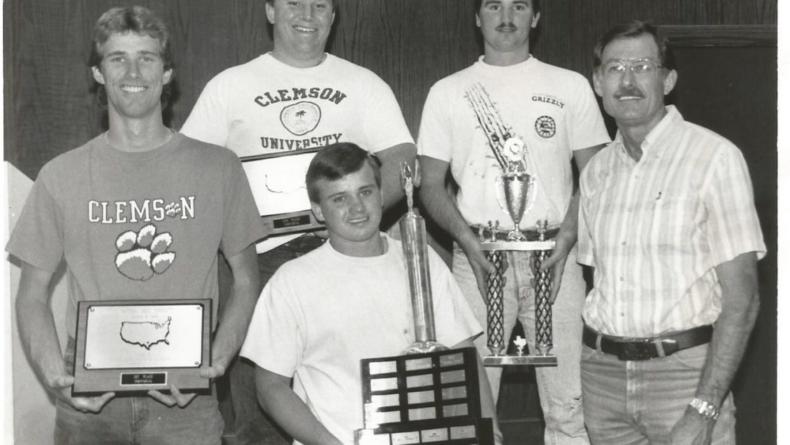 The Clemson soils judging team won the national championship in 1989. Shown are: Emory Holsonback, Daniel Poston, Aaron Reason, Steve Bouknight and Bill Smith.