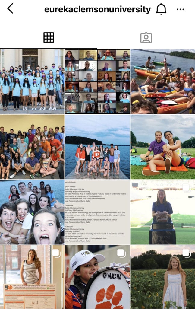 Instagram account for EUREKA created by Ashley, a Clemson ambassador