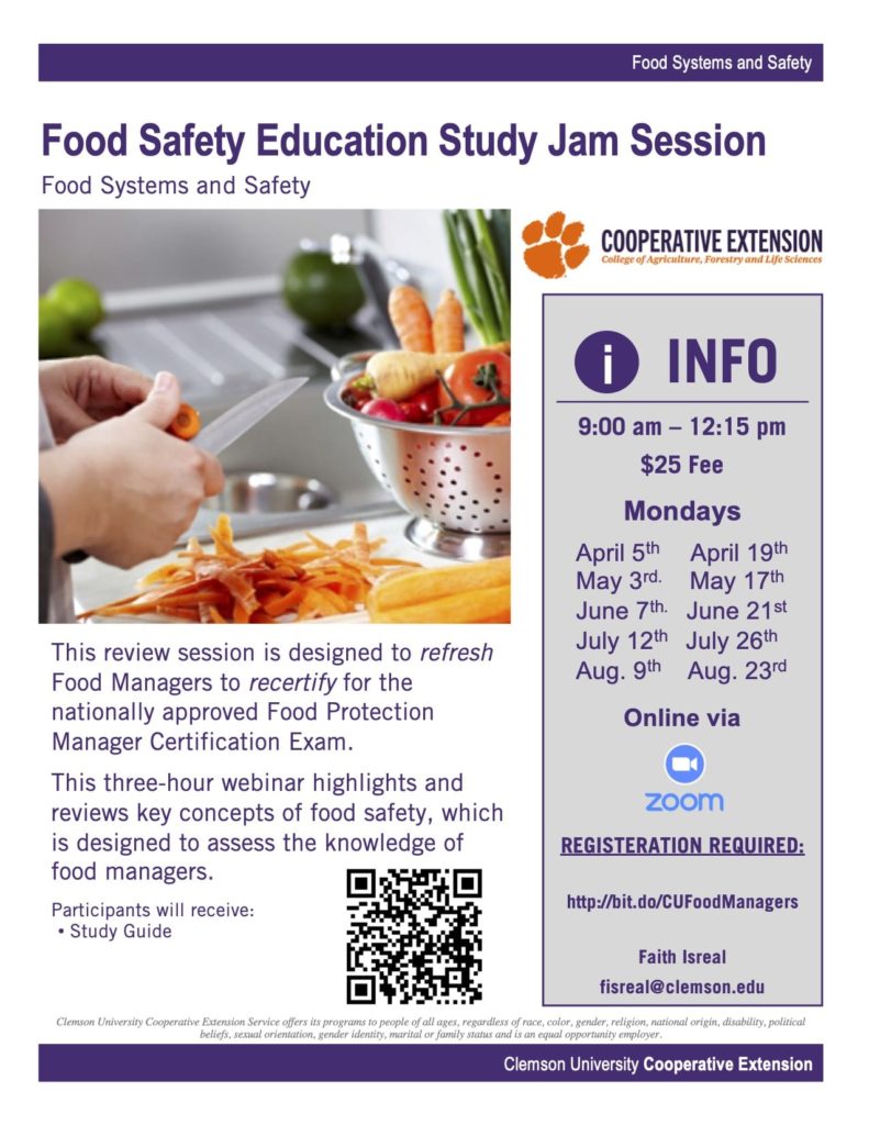 Information for Clemson food service protection exam study workshop
