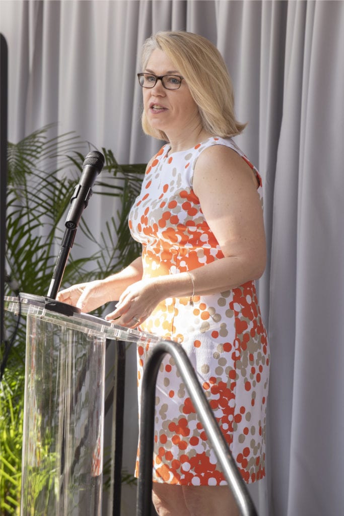 Kathy Hobgood speaks during a 2019 residence hall naming ceremony at Core Campus